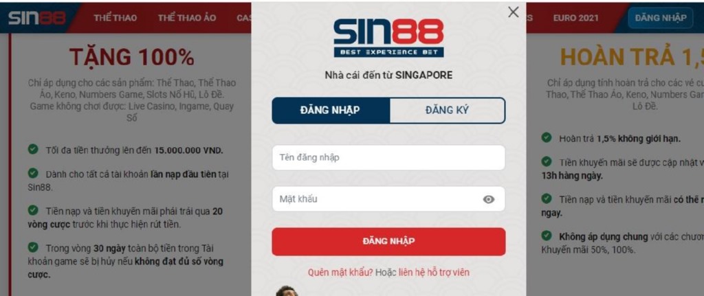 Đăng nhập tài khoản Sin88