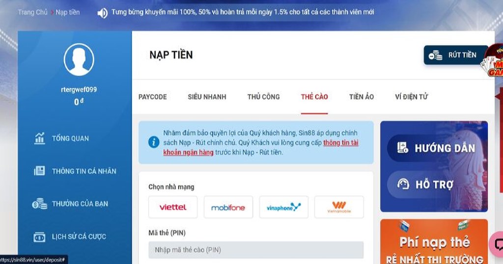 Sin88 hỗ trợ nạp tiền qua thẻ cào.